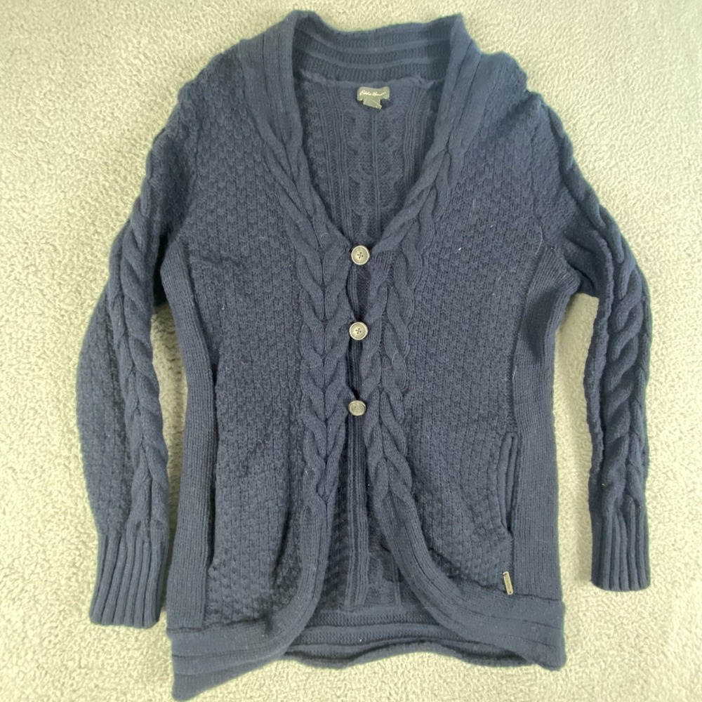 Eddie Bauer Sweater Womens Large Navy Cardigan Button Cable Chunky Lambswool